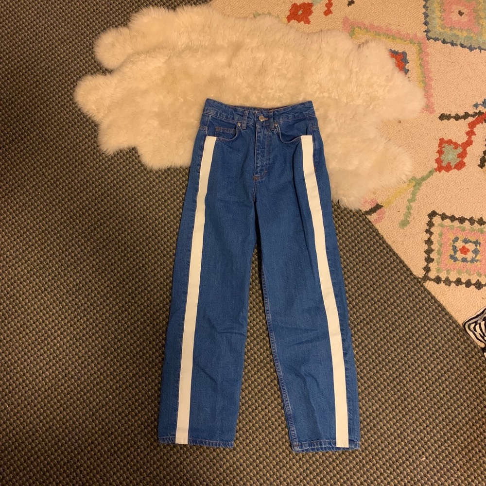 cropped side stripe wide leg jeans